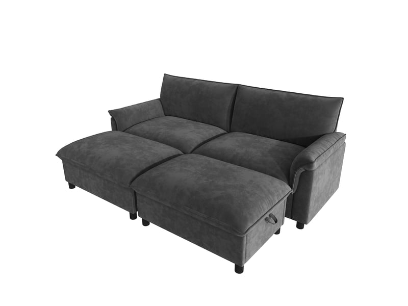  Canapé modulable gris 4 places avec 2 poufs de rangement - tissu chenille  - Conforama A