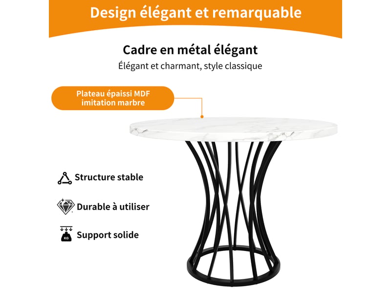  Table à manger d80xh76cm, table ronde avec motif de marbre, plateau en mdf, pied en métal, blanc + noir  - Conforama E