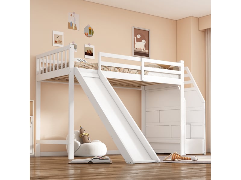  Modenvie lit mezzanine enfant 90x200 cm - avec toboggan, escalier de rangement, sans matelas - blanc  - Conforama D