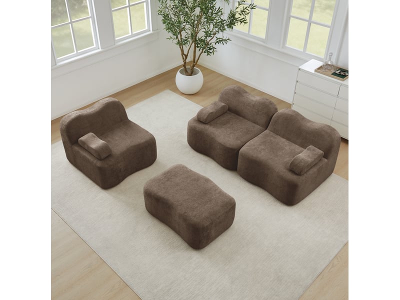  Canapé d'angle modulaire 3 places en velours marron avec ottoman, assise profonde et forme ondulée douce  - Conforama E