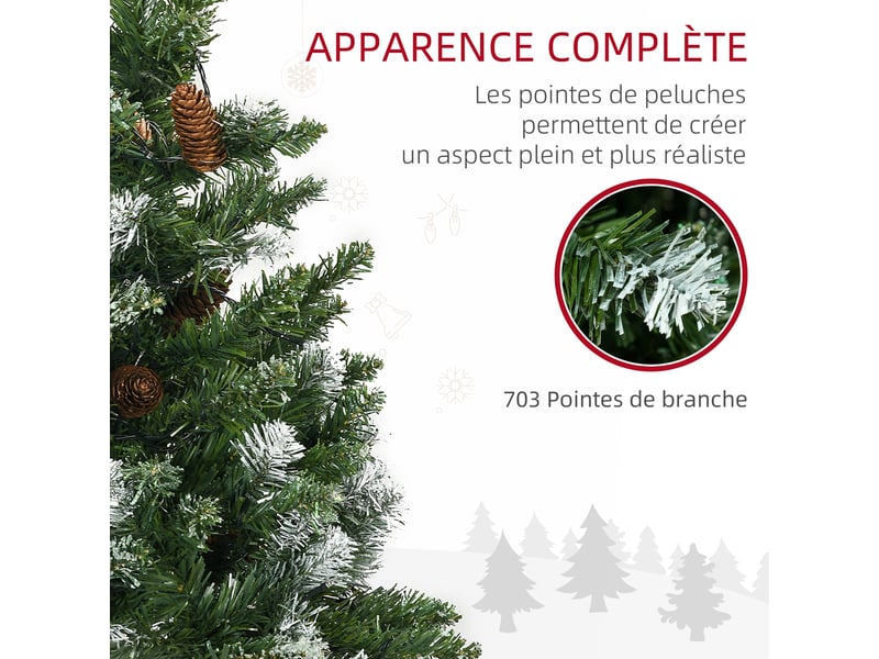  Sapin de noël artificiel lumineux 703 branches 250 led 30 pommes de pin support pied pliable hauteur 180 cm ø 80 vert  - Conforama E