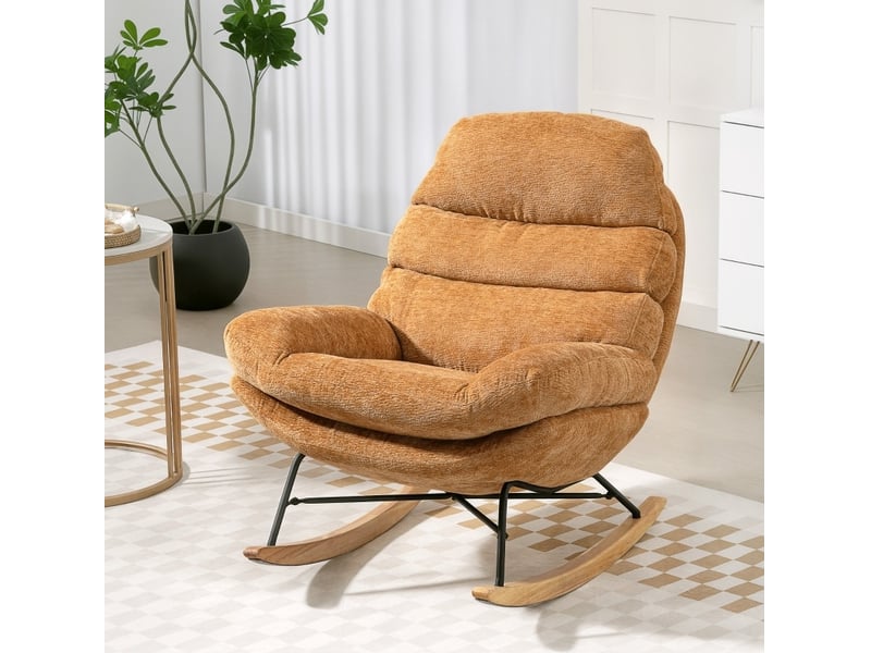 Fauteuil à bascule rembourré avec dossier haut et assise en mousse, structure en acier et bois en polyester jaune 80 × 103 × 91 cm - Conforama B