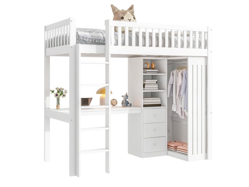 Lit mezzanine 90 x 200 cm avec bureau, armoire et 3 tiroirs intégrés, lit simple en pin blanc avec rangements ouverts, escalier et garde-corps - Conforama A