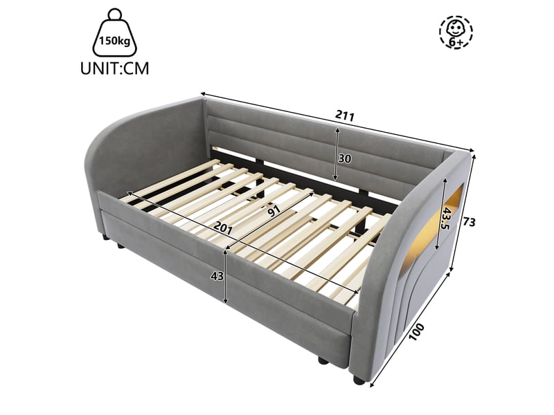  Lit gigogne simple 90×200 cm avec led réglable et lit d'appoint - okmyhome- gris, sans matelas, flanelle  - Conforama D