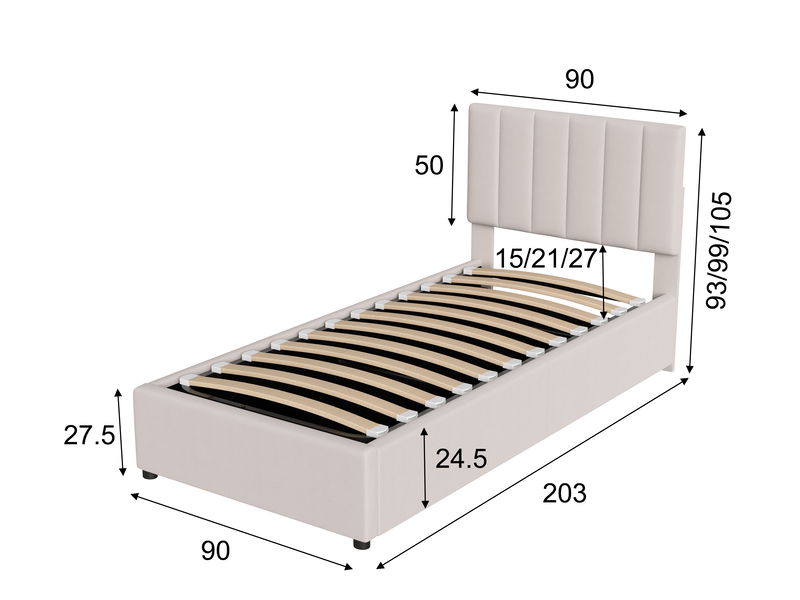  Lit simple rembourré 90x200 cm, lit enfant avec coffre de rangement hydraulique, tête de lit réglable en hauteur, beige  - Conforama E