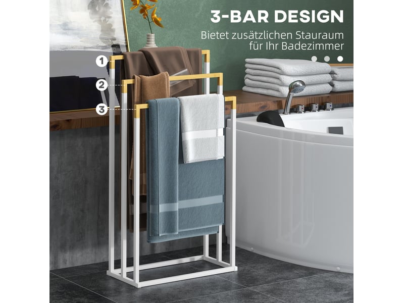 Porte-serviettes sur pied 45x22,5x86 cm – blanc – 3 barres en acier et bambou, sans perçage pour salle de bain  - Conforama E