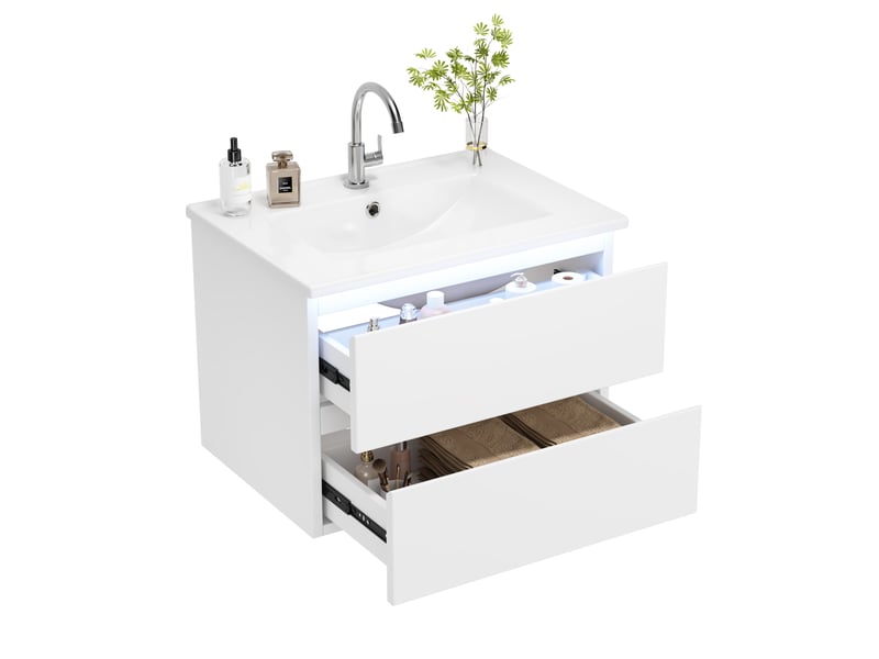  Meuble sous vasque suspendu avec lavabo intégré, 2 tiroirs et led à capteur, salle de bain, blanc, 61 × 46 × 45 cm  - Conforama A