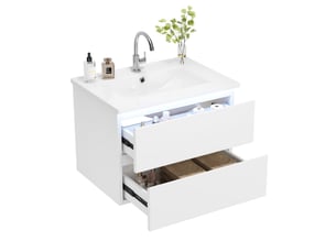 Meuble sous vasque suspendu avec lavabo intégré, 2 tiroirs et led à capteur, salle de bain, blanc, 61 × 46 × 45 cm