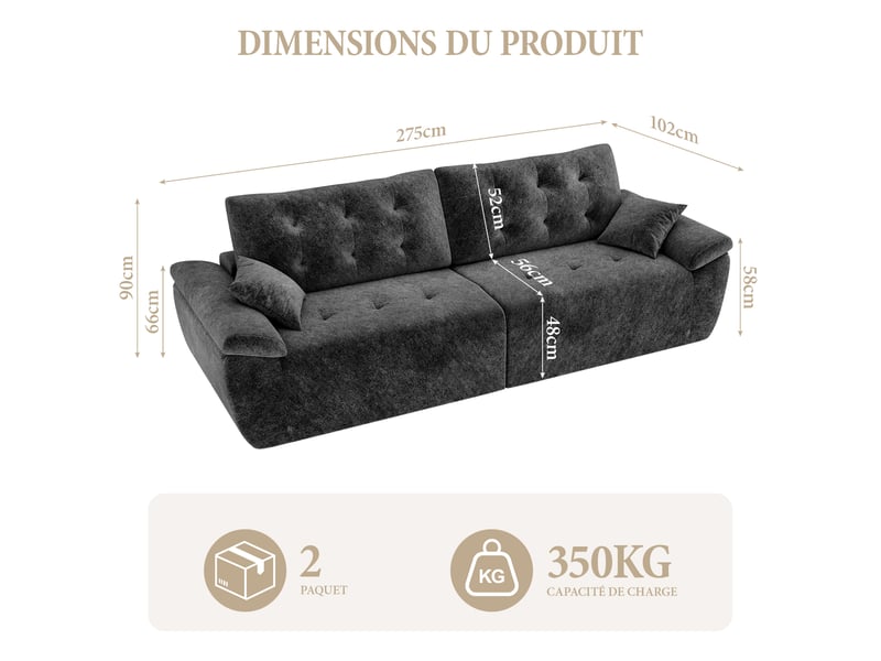 Canapé compressé modulable style nuage scandinave 275cm gris en chenille,mousse compressée haute densité,canapé doux pour salon 275x102x66CM - Conforama E