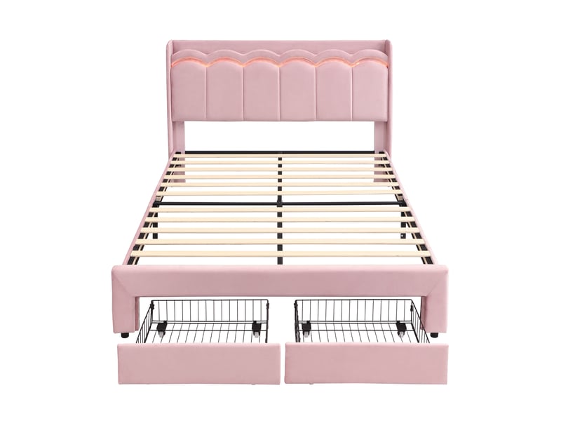  Lit enfant 140x200 cm avec led, étagère et 2 tiroirs, en velours rose, sans matelas  - Conforama D