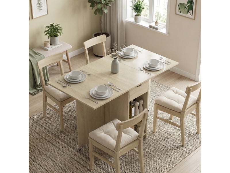  Table de salle à manger pliante pour 2 à 4 personnes, table roulante avec compartiment ouvert et tiroir, idéale pour les petits espaces, naturelle  - Conforama C