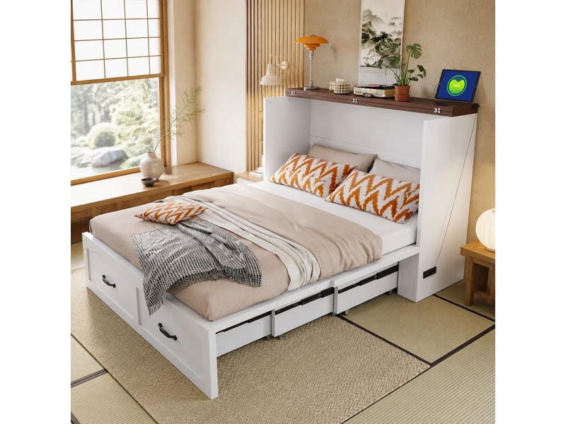  Lit escamotable double 140×200 cm, prise intégrée et roulettes silencieuses  - sans matelas, bois et métal - blanc  - Conforama C