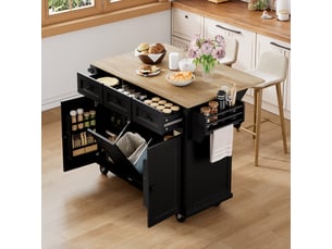 Îlot de cuisine sur roulettes noir avec plan de travail extensible et compartiment poubelle, desserte de cuisine mobile