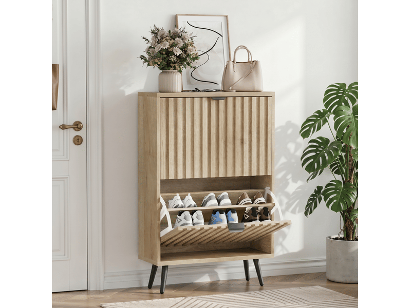  Meuble à chaussures 60 x 24 x 95 cm en mdf et panneaux de particules avec 2 compartiments basculants coloris chêne chicfurn  - Conforama C