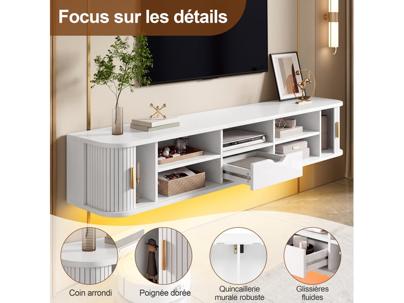  Meuble tv mural 175x30x30 cm, 2 portes coulissantes striées, tiroir, led réglable par application, mdf blanc  - Conforama E
