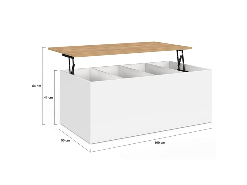 Table basse plateau relevable rectangulaire elea 100 cm avec grand coffre bois blanc et façon hêtre  - Conforama D