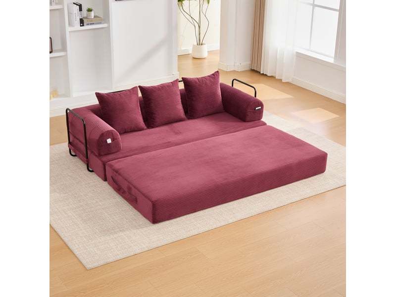  Canapé modulable 3 places en velours côtelé rouge bordeaux avec 3 coussins  - Conforama E