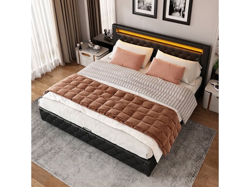  Lit coffre 160x200 avec led et sommier à lattes, structure capitonnée, noir  - Conforama D