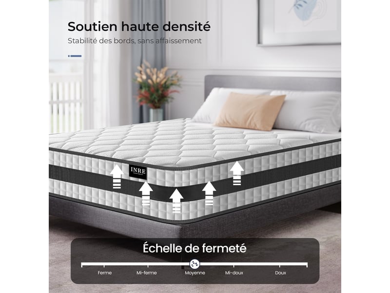 Matelas Hybride 140x200 cm INRE, Épaisseur 25cm, Ressorts Ensachés et Mousse à Mémoire de Forme, Moyenne Ferme, 7 Zones de Confort, Respirant et Confort  - Conforama E