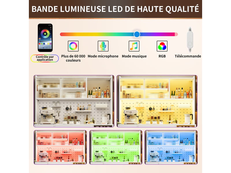  Meuble de cuisine muvano, buffet haut de cuisine blanc avec led et panneau perforé, 145 × 39 × 171 cm  - Conforama E