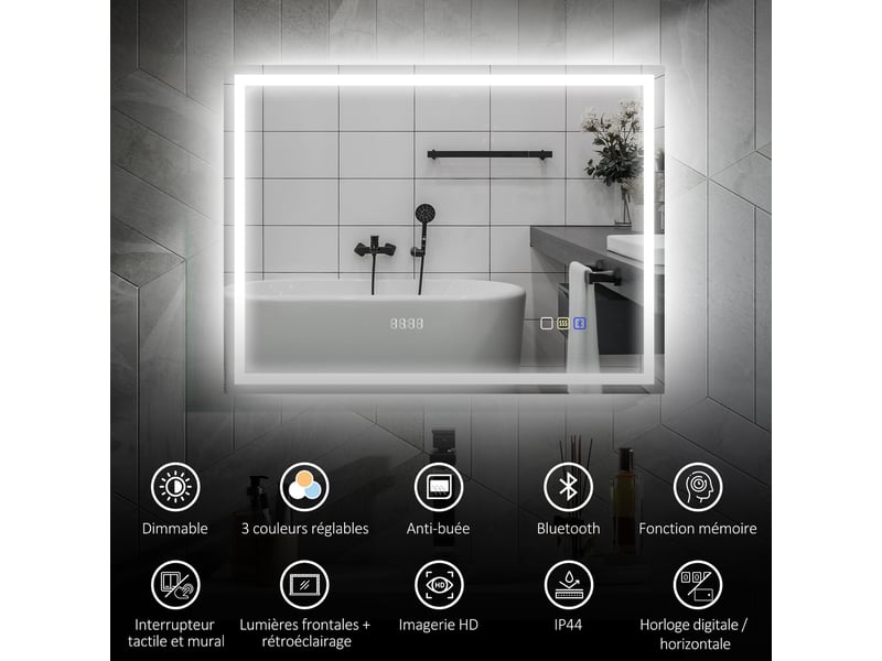 Miroir salle de bain led bluetooth 60 x 80 cm interrupteur tactile lumière réglable 3 couleurs anti-buée mémoire argent - Conforama D