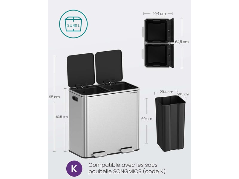  Poubelle à double compartiment 64,5 x 40,4 x 63,5 cm avec pédales et fermeture douce style moderne en acier inoxydable argent 12_0012103  - Conforama B