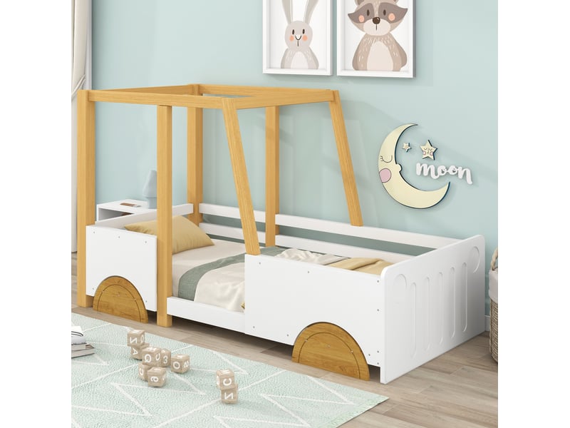  Modenvie lit enfant voiture 90x200 cm - barrières de sécurité, sans matelas - blanc et naturel  - Conforama B