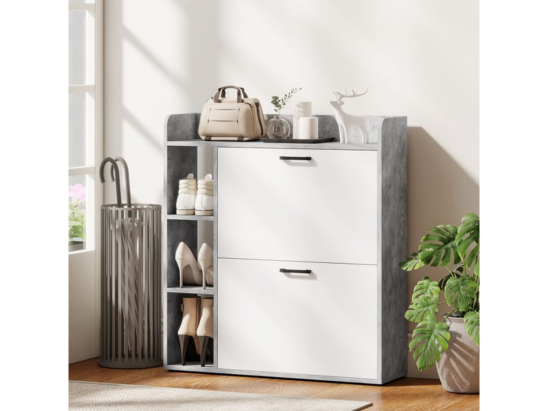  Étagère à chaussures étroite avec 2 tiroirs inclinables et 3 compartiments ouverts, capacité 15 paires de chaussures, 83 x 24 x 90,5 cm, gris  - Conforama C