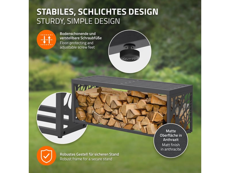  Ml-design range-bûches pour intérieur et extérieur avec banc, acier galvanisé, conception 2-en-1 motif branches, rangement bois de chauffage, support d'empilage résistant aux intempéries, 120x38x43 cm ECD Germany GmbH - Conforama C
