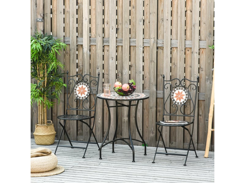  Ensemble bistro 2 places 3 pièces style fer forgé mosaïque céramique motif rose des vents chaises pliables  - Conforama C