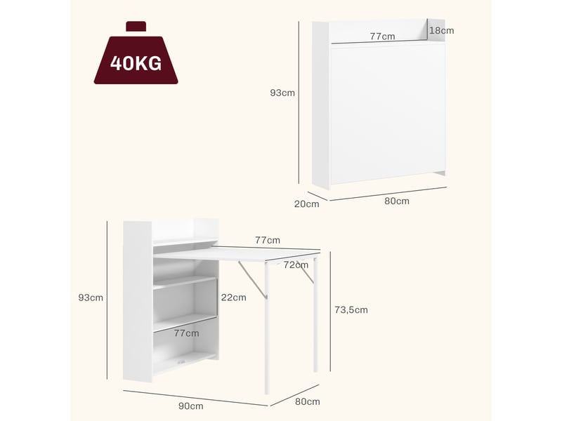  Table à manger pliante 120x80 cm blanc - 4 étagères, système anti-bascule, gain de place  - Conforama C