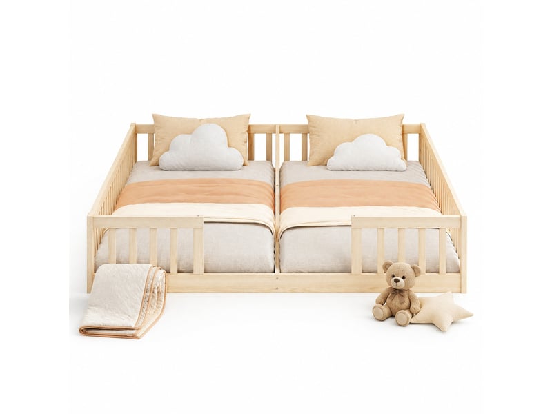  Lit pour enfant double au sol, 90 x 200 cm, x2 avec barrière de sécurité, matelas non inclus, bois, coloris naturel  - Conforama A