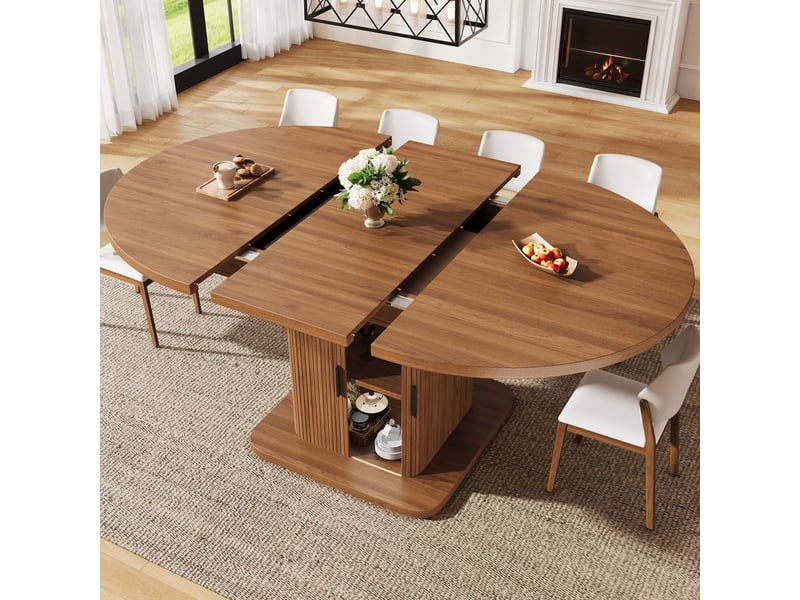  Table de salle à manger extensible avec espace de rangement (110–149,8 cm), portes coulissantes et étagère amovible, noyer  - Conforama D