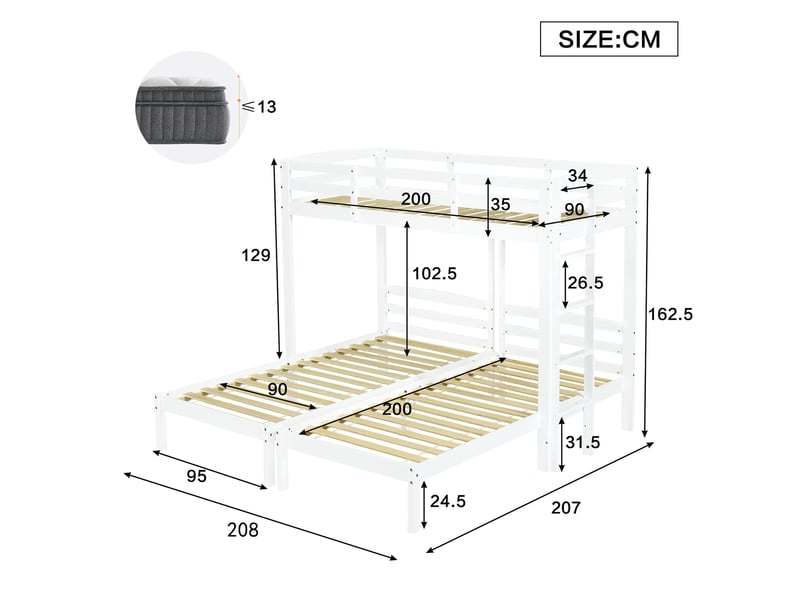 Lit superposé triple 90 × 200 cm, 3 couchages, échelle latérale réversible, tablette, barrières, pin massif, blanc - Conforama C