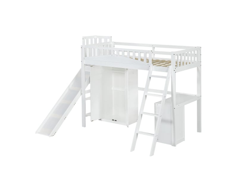  Lit mezzanine 90x200 cm, lit simple enfant, porte sécurité, toboggan, escalier, armoire, étagère rangement, blanc  - Conforama E