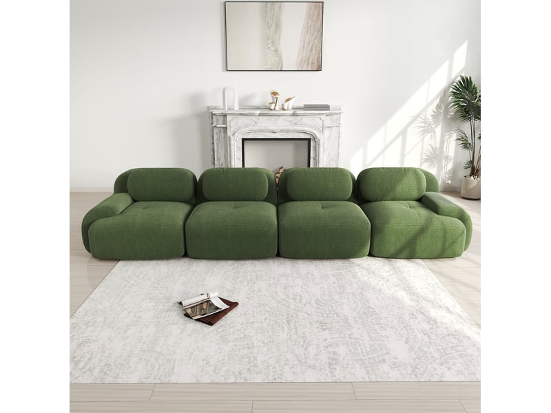  Canapé modulaire 4 places sans cadre avec mousse haute densité et accoudoirs arrondis, en tissu côtelé vert  - Conforama C