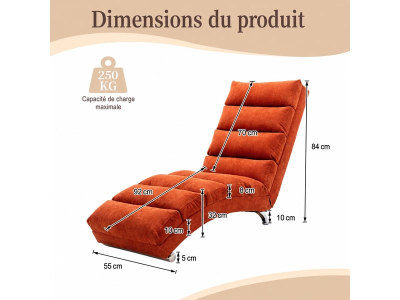 Chaise longue relax fixe vibrante en tissu effet lin avec poche latérale, orange, 55 x 148 x 84 cm Fay Lum - Conforama C