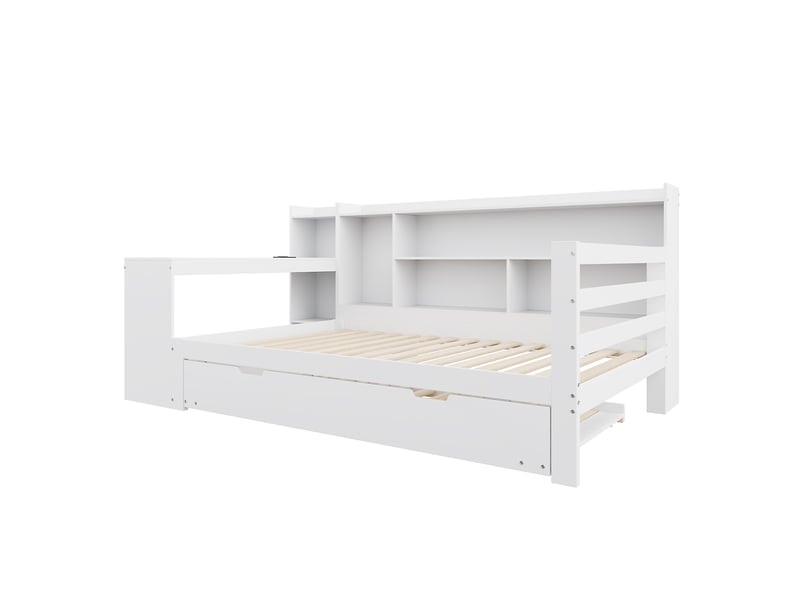  Lit gigogne enfant 90x200 cm avec prise, bureau, rangement et étagères, sommiers, pin et mdf, blanc, sans matelas  - Conforama D