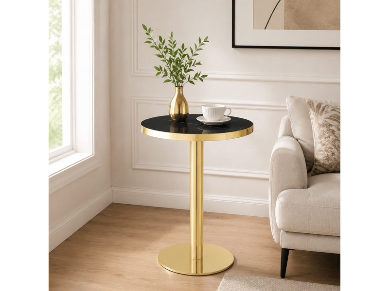  Table d’appoint ronde en mdf à décor marbre avec structure en acier inoxydable doré noir  - Conforama B