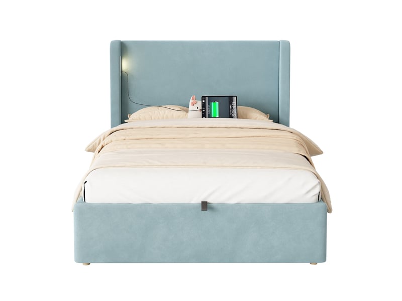  Lit coffre 90 x 200 cm avec sommier relevable, velours bleu et tête de lit rembourrée  - Conforama D
