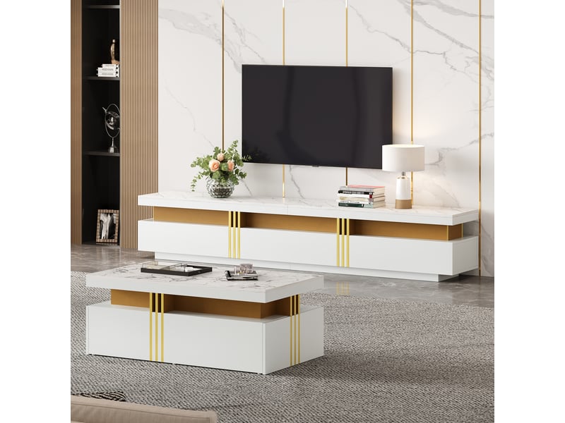  Meuble tv avec table basse, 3 tiroirs et 2 tiroirs, finition marbre, pour salon, blanc, en panneaux de particules  - Conforama C