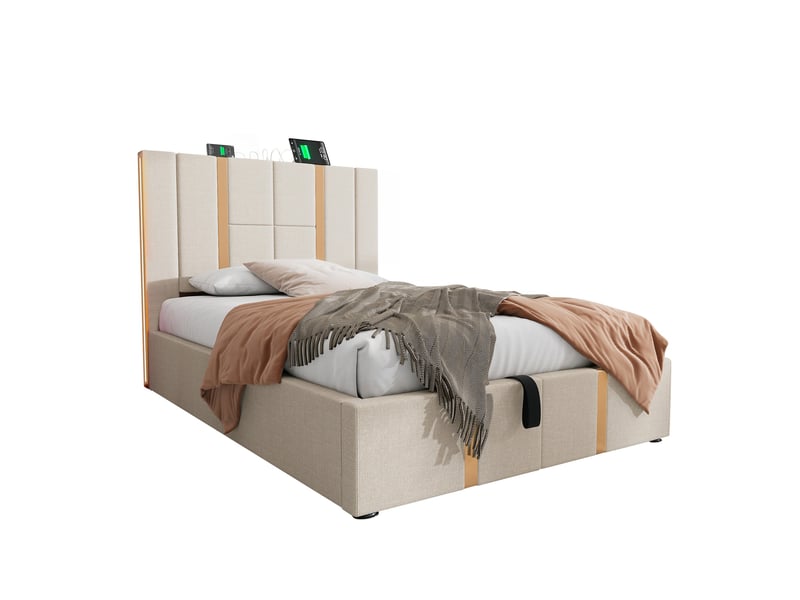  Lit simple rembourré 90x200 cm beige lin, led contrôlée par appli, usb-c, rangement  - Conforama E