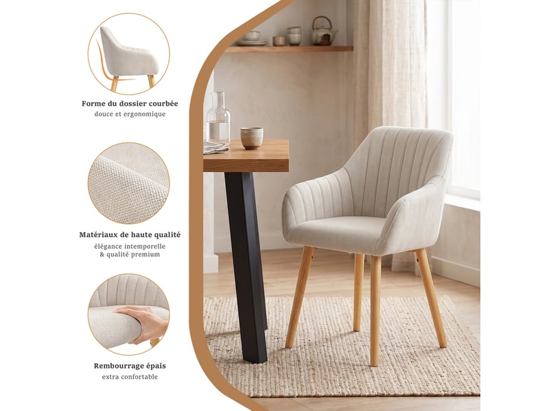  Ensemble table et 6 chaises - table rectangulaire 160x80 cm monobloc en chêne sauvage et pieds métal, 6 chaises en tissu beige et pieds bois  - Conforama R