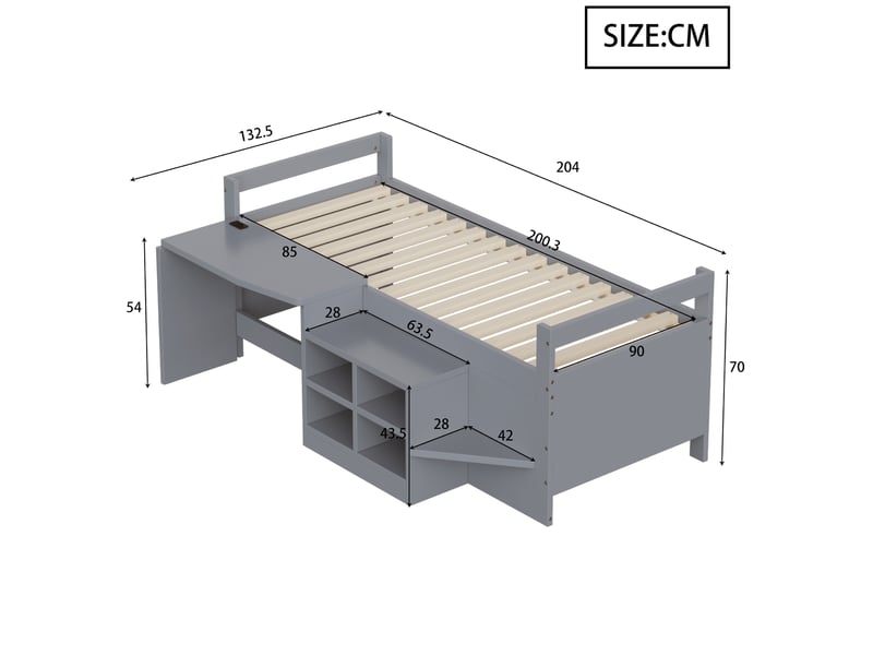  Lit enfant 90 x 200 cm avec bureau, rangements intégrés et prises usb, gris  - Conforama C