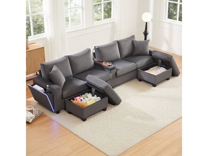 Canapé modulable canapé d'angle 4 places en velours côtelé avec 2 poufs de rangement lampe de lecture ports usb - gris - Conforama B
