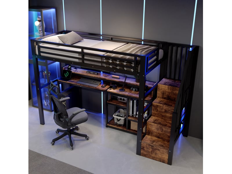  Lit mezzanine 90 × 200 cm avec escalier de rangement, bureau, étagères, led et prises usb pour chambre enfant noir  - Conforama D