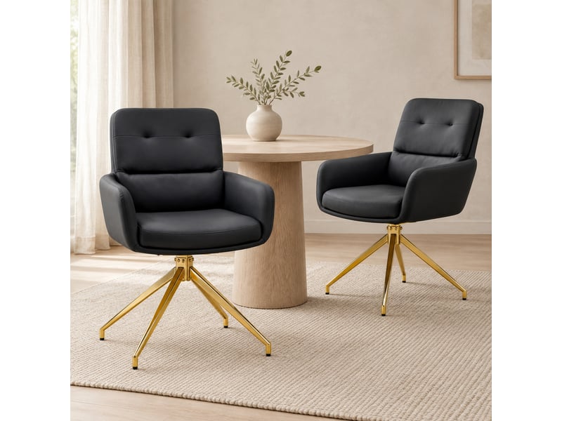  Lot de 2 chaises de salle à manger pivotantes 360° noires et dorées en pu et métal  - Conforama C