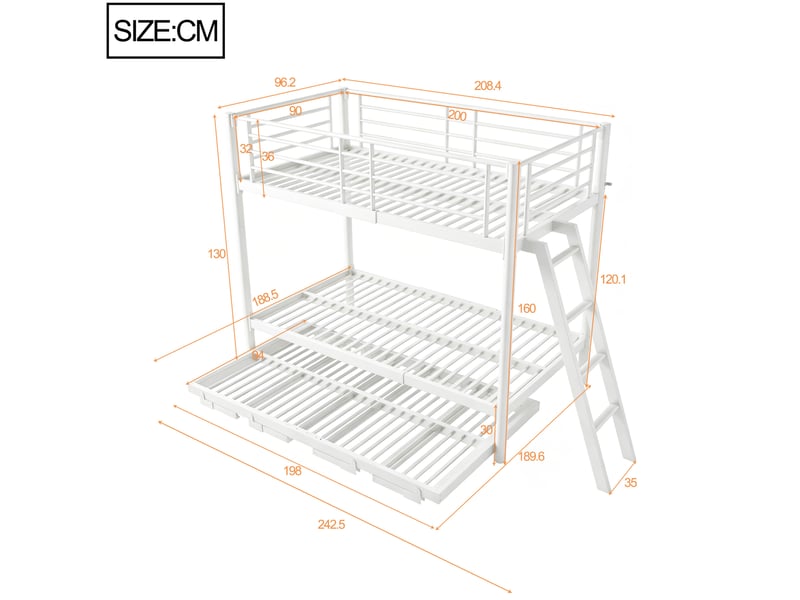  Lit superposé 90 × 200 cm avec lit gigogne coulissant, structure en métal et 23 lattes pour chambre d’enfant partagée  - Conforama C
