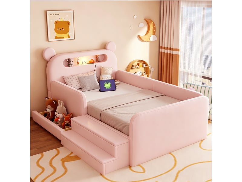  Lit enfant 90x200 cm rose en similicuir avec tête de lit ours, veilleuse, usb et rangement  - Conforama B