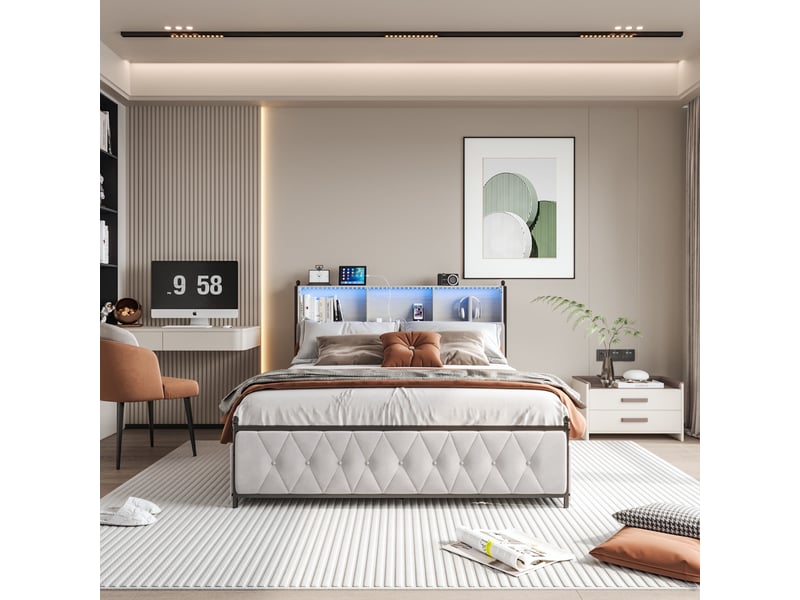  Lit avec 4 tiroirs 180x200, lit double avec éclairage led, lit adulte, tête de lit rangement et ports usbtype-c, cadre de lit en métal et bois, scandinave, velours, beige  - Conforama C
